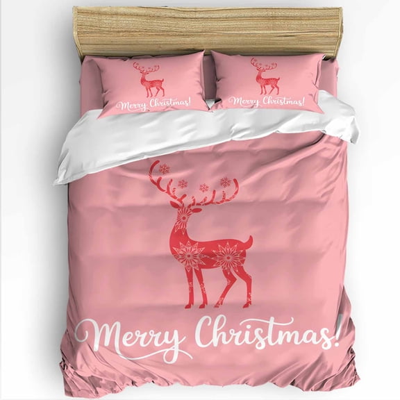 Pink Reindeer Twin Size Comforter Set, Merry Christmas Snowflakes Winter Soft Bedding for All Seasons, 4 Pcs Bed Set with 1 Comforter (68"x86") ,1Sheet(66"x116"), 2 Pillowcases (19"x29")