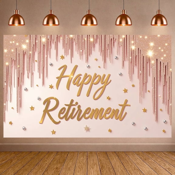 Pink Retirement Banner Pastel Balloons Happy Retirement Display Silver Stars Golden Fireworks Celebration Backdrop for Retirement Party Farewell Celebration Indoor Decoration