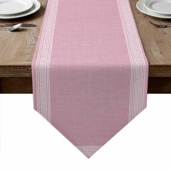 Pink Retro Greek Key Table Runner Linen Burlap Table Runner 36 Inches Small Geometric Greece Ancient Rustic Dresser Scarves for Kitchen Island Coffee Dining Room Party Holiday Decoration 13"x36"