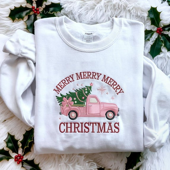 Pink Retro Merry Christmas Truck Embroidered Sweatshirt, Coquette Christmas Tree Shirt, Cute Holiday Sweater, Vintage Christmas Sweatshirt