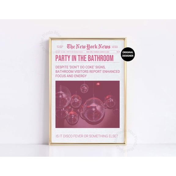 Pink Retro Newspaper Headline Disco Restroom Bathroom Poster, Unframed Poster