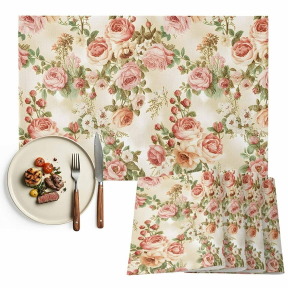 Pink Retro Rose Placemats Set of 12, Vintage Floral Table Mats Washable Heat-Insulation Non-Slip Place Mats for Kitchen Dinner Table Indoor Outdoor Decor,13x19 Inch