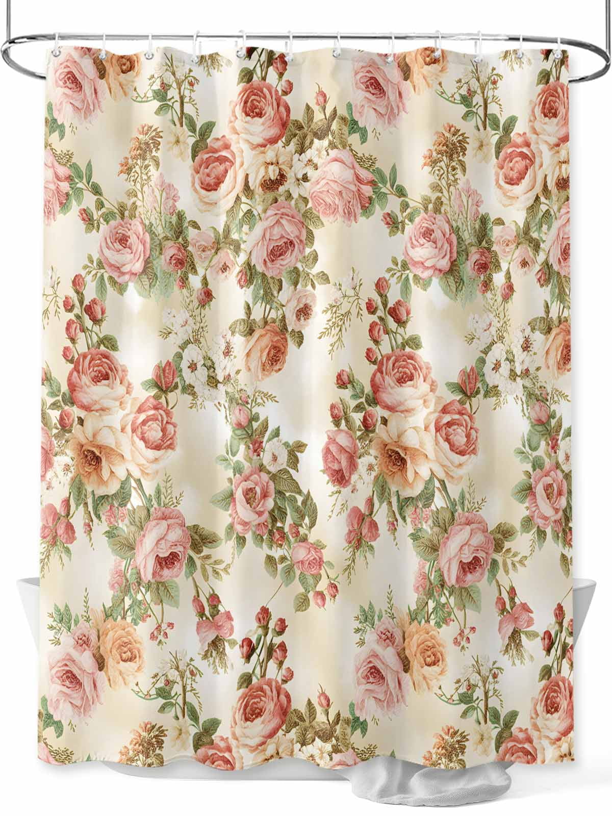 Pink Retro Rose Shower Curtain, Vintage Floral Bathroom Decor Curtains Set with Hooks, Waterproof Fabric Home Accessories， Stall 36 X 72 Inch