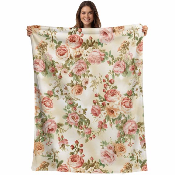 Pink Retro Rose Throw Blankets, Vintage Floral Soft Fleece Blanket Decorative for Home Sofa Couch Chair Living Bedroom, 40x50 inches,