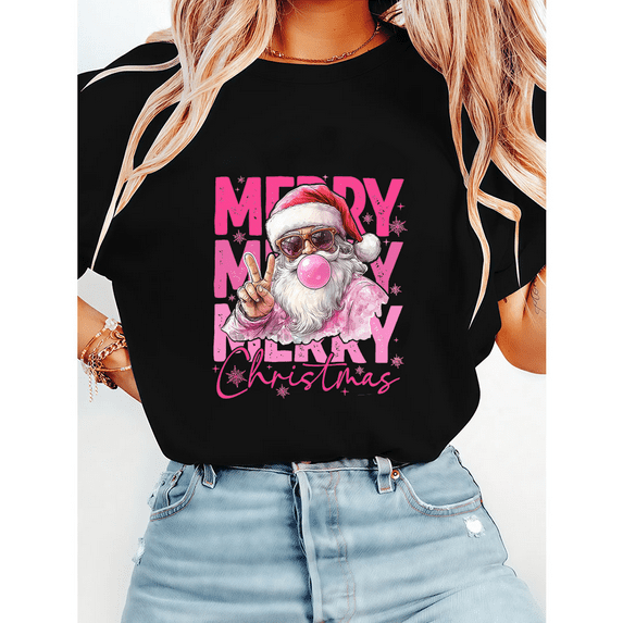 Pink Retro Santa Print Tshirts Santa Bubble Gum Graphic Tees Merry Christmas Shirts Short Sleeve Casual Tops for Holiday Black,L