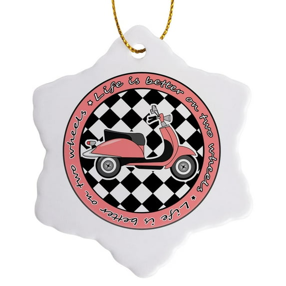 3drose, Pink Retro Scooter - Life Is Better on Two Wheels, 3 inch Snowflake Porcelain Ornament