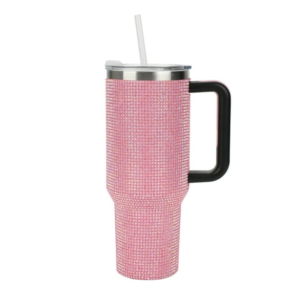 Pink Rhinestone Vacuum Insulated 40 Oz. Stainless Steel Tumbler with Leak-Proof Lid & Easy Carry Handle for Travel or Home