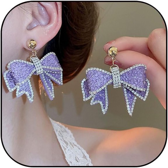 Pink Rhinestone Bow Drop Earrings for Women Cute Green Purple Rhinestone Bowknot Dangle Drop Earring Trendy Christmas Jewelry Gift for Women