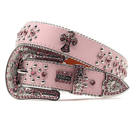 Pink Rhinestone Cross Belt - Vintage Punk Style with Sparkling Studs & Carved Buckle, Unisex Hip Hop Cowboy Cowgirl Bling Bling Belt for Jeans