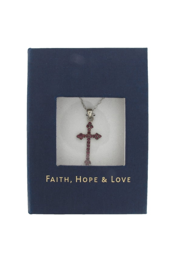 Pink Rhinestone Cross Crucifix Pendant Silver Tone Chain Necklace Gift Boxed