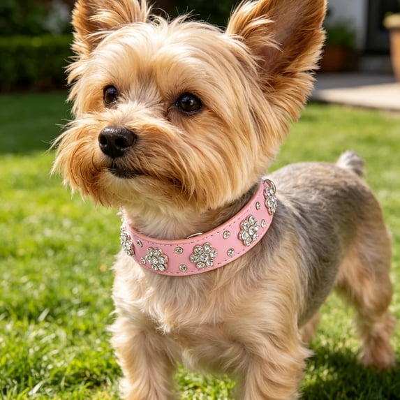 Pink Rhinestone Flower Dog Collar, Sparkly PU Leather Pet Necklace with Adjustable Buckle, for Small & Medium Dogs and Cats(Pink,M)