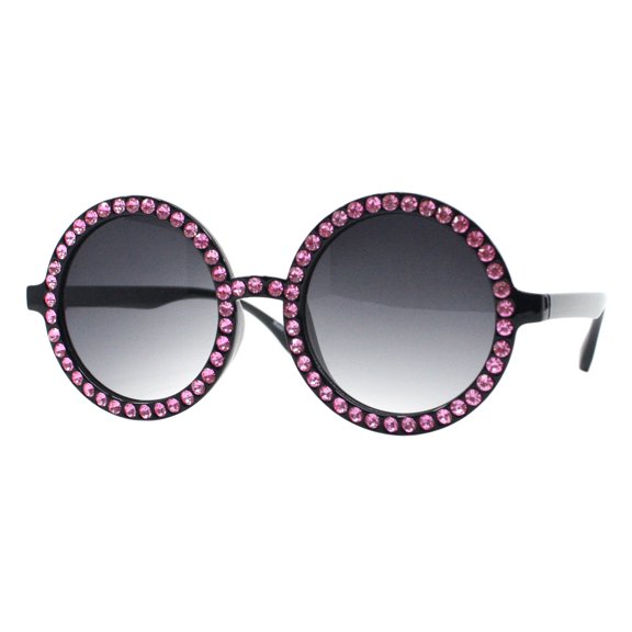 Pink Rhinestone Sunglasses Womens Round Circle Black Frame UV 400