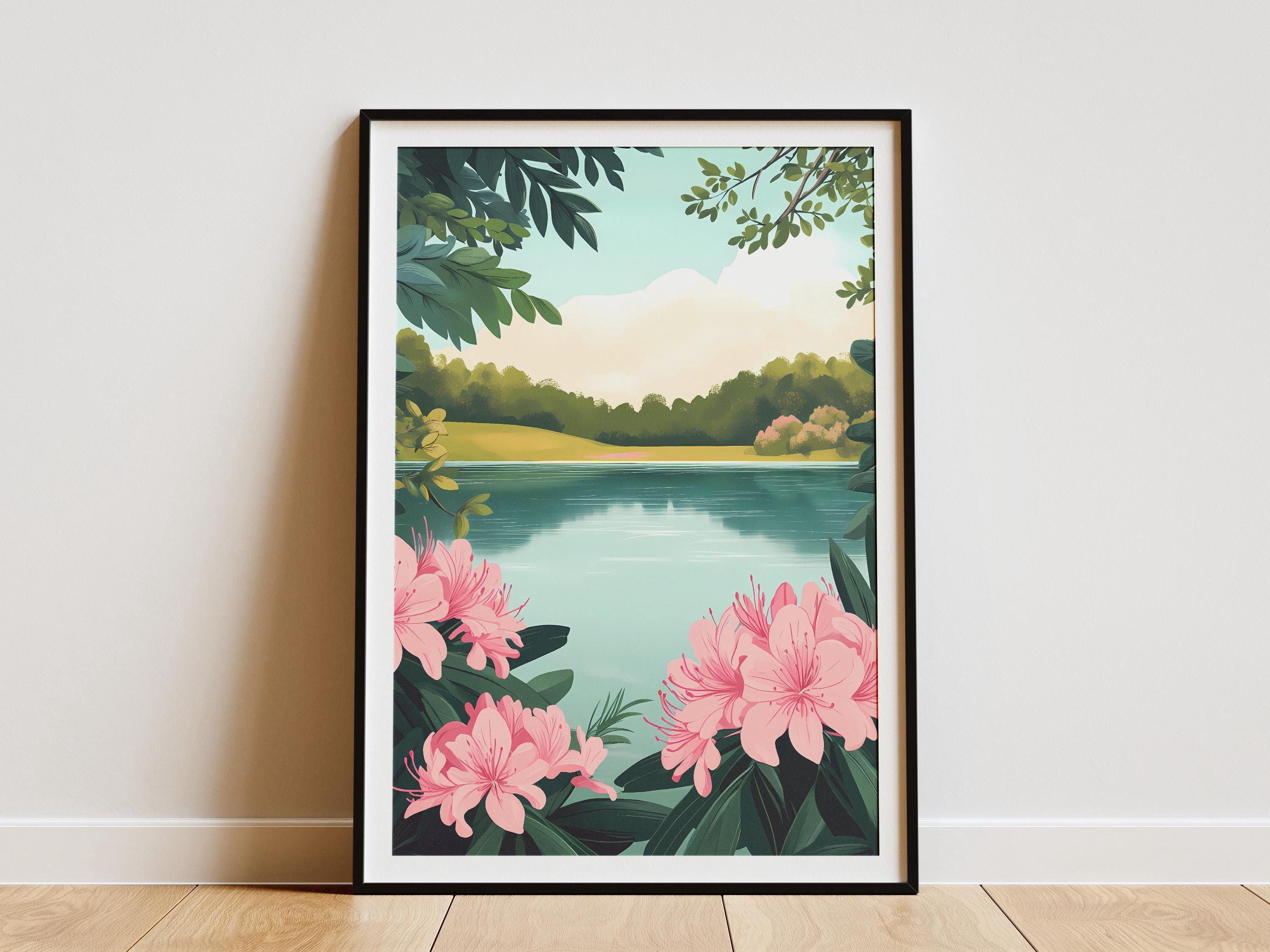 Pink Rhododendron Lake Poster Botanical Lake Print Floral Lake Wall Art ...
