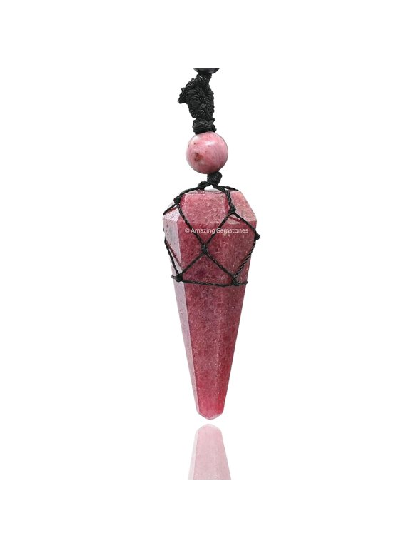 Pink Rhodonite Crystal Stone Holder Necklace Pendulum, Unique Women Men Necklace (Black Macrame)