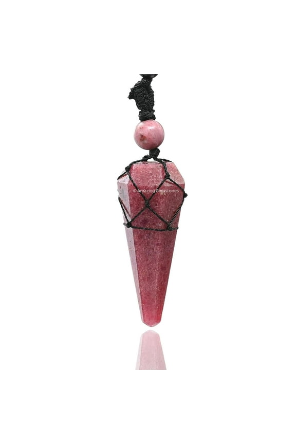 Pink Rhodonite Crystal Stone Holder Necklace Pendulum, Unique Women Men Necklace (Black Macrame)