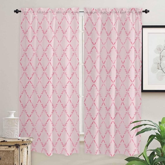 Pink Rhombus Window Curtains 84 Inch Length, Rustic Modern Plaid Geometric Rod Pocket Kitchen Window Treatments Drapes for Bedroom, Cafe, Living Room, 2 Panels, 52 W x 84 L