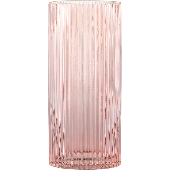 Pink Ribbed Glass Vase - 10 Inch Tall Cylinder Vase for Fresh Flowers, Home Centerpieces, Wedding & Office Decor