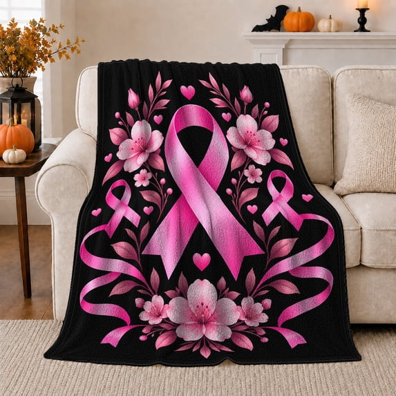 Pink Ribbon Awareness Botanical, Peaceful Botanical Garden Scene, Warm Flannel Blanket for Sunroom and Reading Nook, Garden Lovers Housewarming Gift, Artistic Home Decor