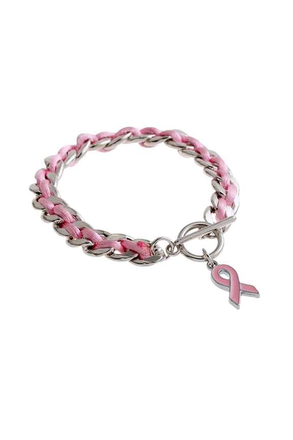 Breast Cancer Awareness Bracelet Pink Ribbon Heart Charm, Inspirational Adjustable Jewelry for Supporters