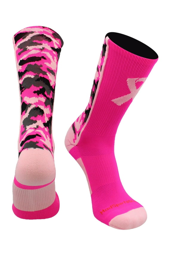 Pink Ribbon Awareness Camo Crew Socks (Neon Pink/Pale Pink, Large)