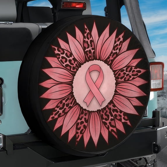 Pink Ribbon Awareness Sunflower Leopard Waterproof Fabric Spare Tire Cover, Breast Cancer Tire Decor For Suv Rv Camper Trailer Truck 14 15 16 17 18In. Gifts In Breast Cancer Awareness Month