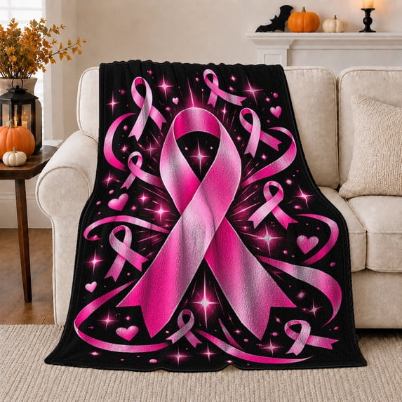Pink Ribbon Awareness Support Art Swirling Streamers Hearts, Cozy Friendship Quote Scene, Warm Flannel Blanket for Living Room and Reading Nook, Art Lovers Thank You Gift, Artistic Home Decor