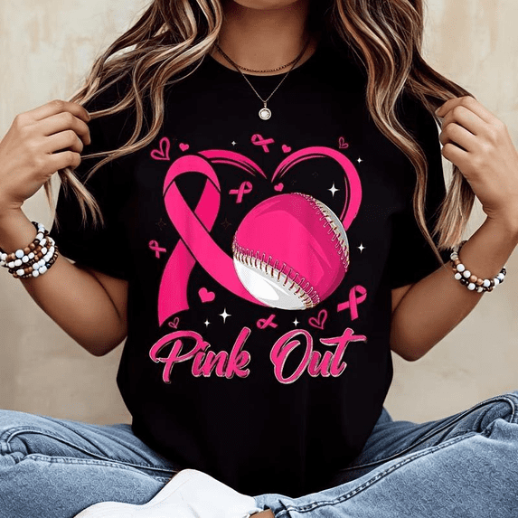 Pink Ribbonns Pink Ribbon Baseball Heart Pink Out Graphic T-Shirt, Breast Cancer ...