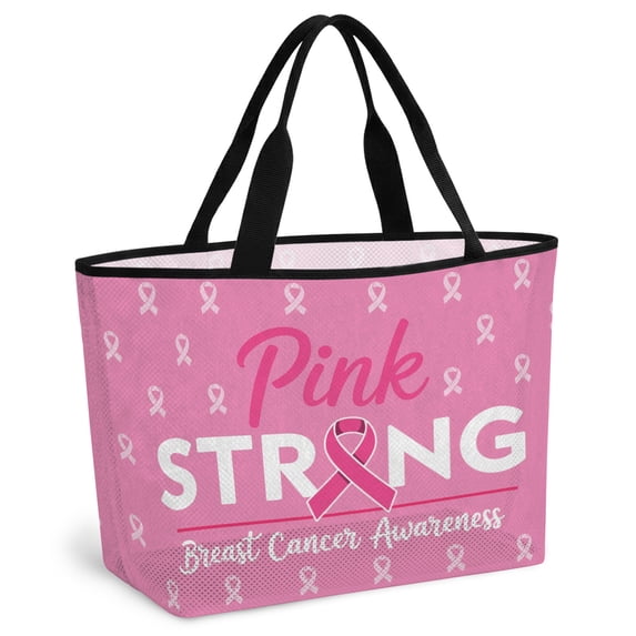 Pink Ribbon Beach Bag for Women, Large Breathable Mesh Beach Tote Bag, Breast Cancer Awareness String Symbol Sandproof Lightweight Travel Bags for Vacation Picnic Swimming Pool 15.7"x15.7"x9.1"