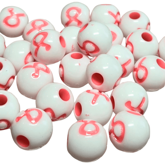 Pink Ribbon Beads For Bracelet Making, Round Plastic Beads Bulk, Breast Cancer Awareness DIY Craft Supplies Beads, Gift For Beader, 100 Pcs