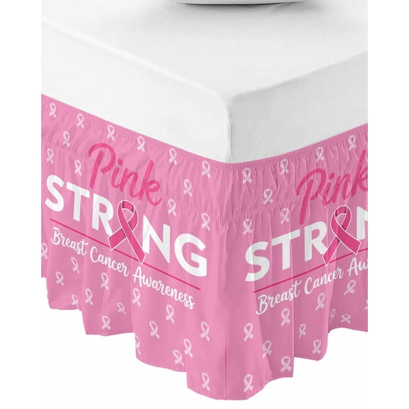Pink Ribbon Bed Skirt Queen Size 18 Inch Drop, Wrap Around Bed Skirts, Breast Cancer Awareness String Symbol Elastic Bedskirt Pleated Bed Frame Cover Luxurious Dust Ruffle for Queen Bed