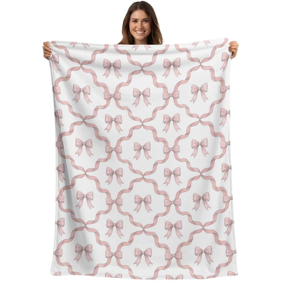 Pink Ribbon Blanket Soft Cozy Warm Throw Blanket for Couch, Plush Fuzzy Flannel Blankets for Sofa, Modern Abstract String Geometric Bows Bed Blankets Lightweight Gifts for Women, 30"x40"