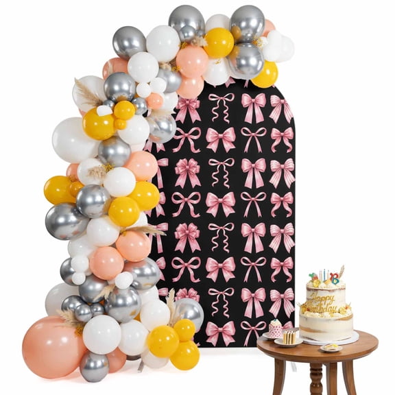 Pink Ribbon Bow Boho Arch Backdrop Cover 4 Ft Pink Satin Knot Ribbon Striped Black Background Spandex Fitted Stretchy Arch Cover, Round Top Chiara Backdrop Cover for Wedding Birthday