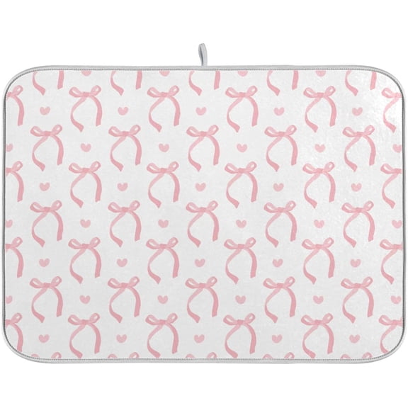 Pink Ribbon Bow Dish Drying Mat Quick Absorbent 16x18 Cute Bow Tie White Kitchen Drying Mat for Countertop Sink Reusable Dishes Mats Kitchen Essentials