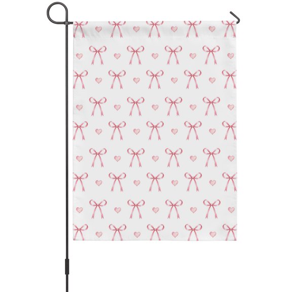 Pink Ribbon Bow Garden Flag 12 x 18 Inches, Minimalist Dainty Bow Tiny Heart Satin Loop Weather Proof Outdoor Patio Flags Double Sided Small Garden Decoration for Yard Outside Home