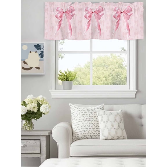 Pink Ribbon Bow Valances for Windows,Kitchen Valance Rod Pocket Short Curtain, Bowknot Love Heart Back Valance Curtain Window Valances for Bedroom Bathroom Living Room 60x18in
