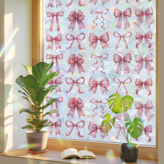 Pink Ribbon Bow Window Privacy Film Rainbow Static Cling Stain Glass ...