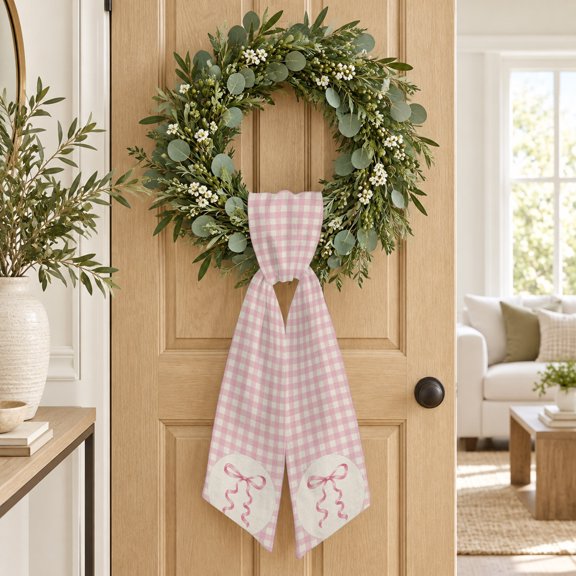 Pink Ribbon Bow Wreath Sash, Romantic Oval Pink Gingham Linen Beige Decorative Ribbon Wreath Sash for Front Door, Porch Indoor Holiday Decor