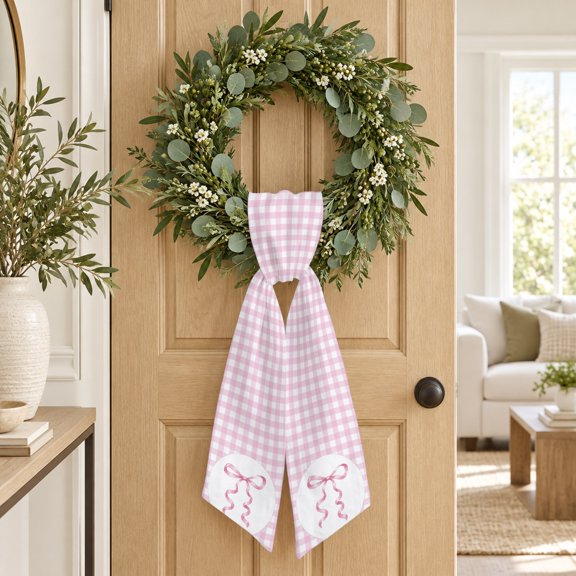 Pink Ribbon Bow Wreath Sash, Romantic White Oval Pink Gingham Decorative Ribbon Wreath Sash for Front Door, Porch Indoor Holiday Decor
