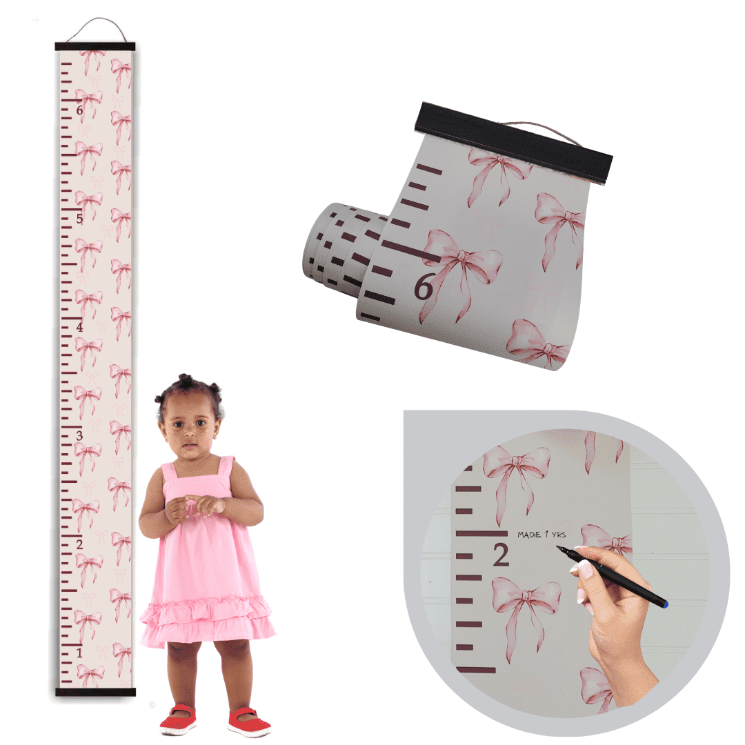 Pink Ribbon Bows Canvas Growth Chart Height Ruler – Hanging Kids Height ...