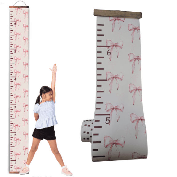 Pink Ribbon Bows Canvas Growth Chart Height Ruler – Hanging Kids Height Tracker Wall Decor for Girls Room/Nursery, Ready-to-Hang with Walnut Wood Frame, Lightweight, UV Coated, Handmade in USA