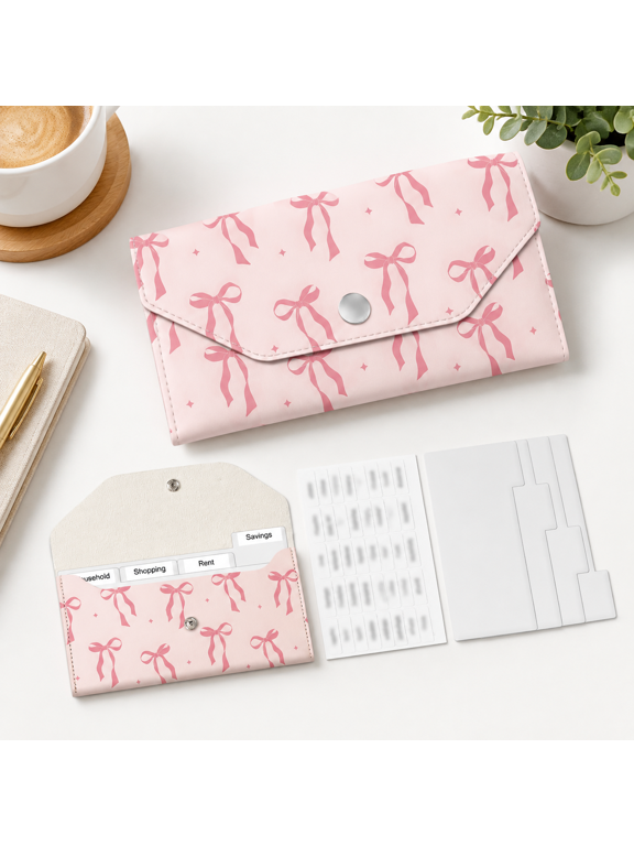 Pink Ribbon Bows PU Leather Envelope Wallet with 4 Dividers and Budget Stickers