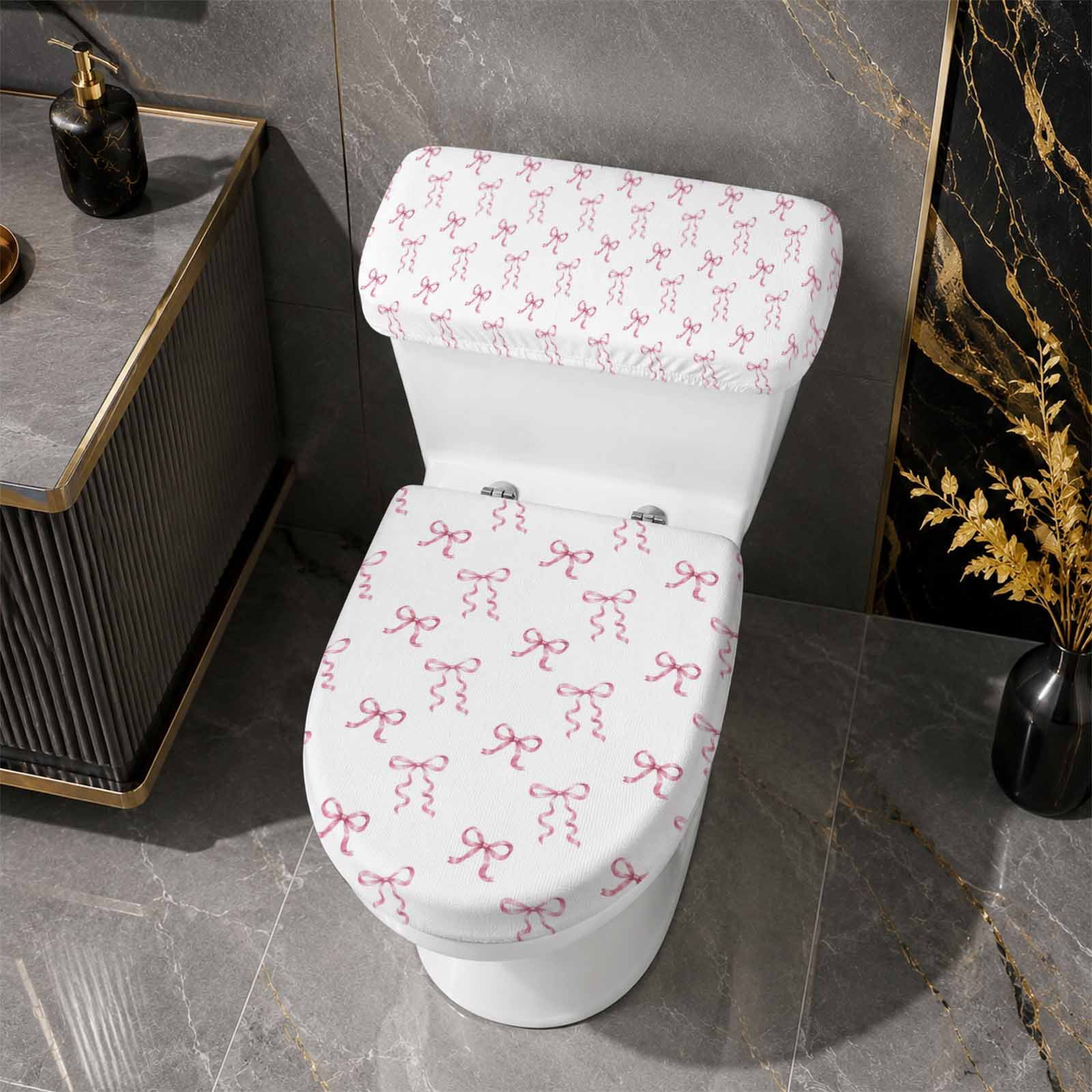 Medical Service Ribbon Pink Ribbon Bows Toilet Lid Cover with Tank Cover Set 2pcs, Stretch ...