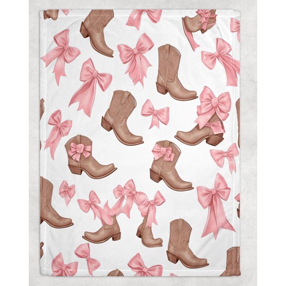 Pink Ribbon Bows and Brown Western Cowboy Boots Fleece Blanket, Polyester Fleece Fabric, 280 GSM, Country Style