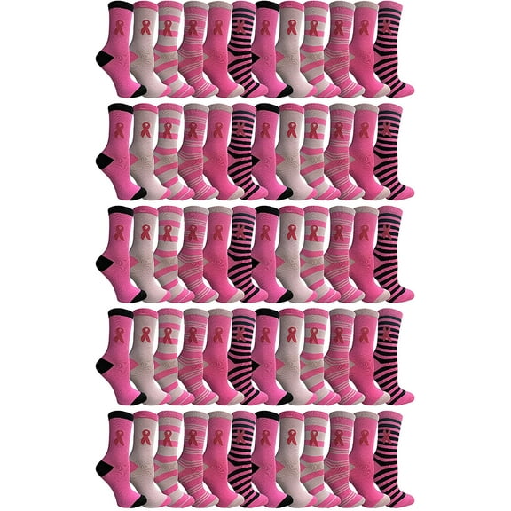 Pink Ribbon Breast Cancer Awareness Ankle/Crew Socks for Women (Assorted Crew B, 60)