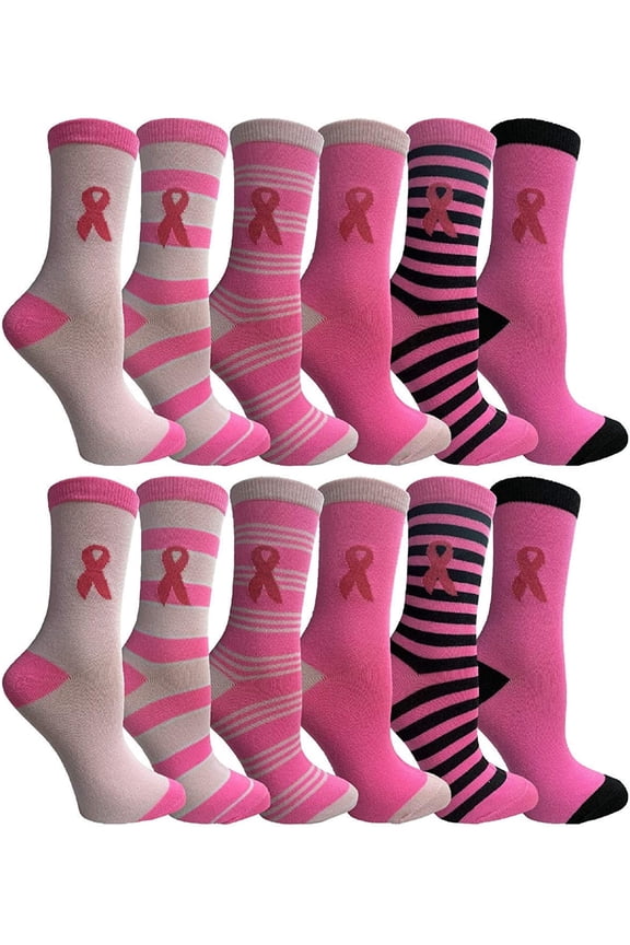 Pink Ribbon Breast Cancer Awareness Ankle/Crew Socks for Women (Assorted Crew C, 9-11)