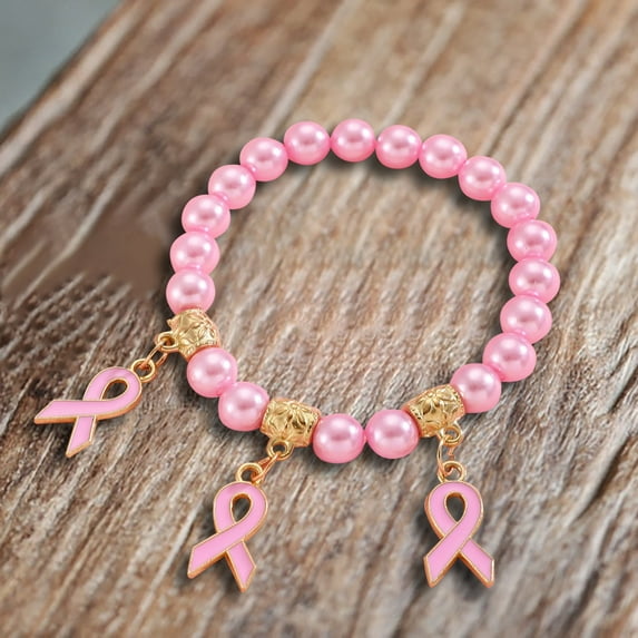 Pink Ribbon Cancer Awareness Bracelet for Women Stretch Beaded Charm Bracelet with Flower Vintage Design Inspirational Encouragement Gift Handmade Jewelry Accessories