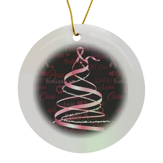 3drose, Pink Ribbon Breast Cancer Awareness Christmas Tree, Circle Porcelain Ornament