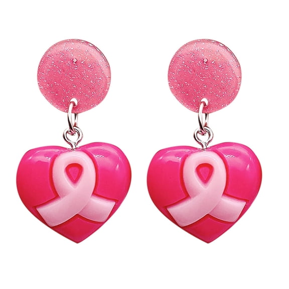 Pink Ribbon Cancer Awareness Earrings - Bow & Heart Dangle Jewelry for Women & Girls - ABS Beaded Survivor Support Gift - Inspirational Awareness Jewelry
