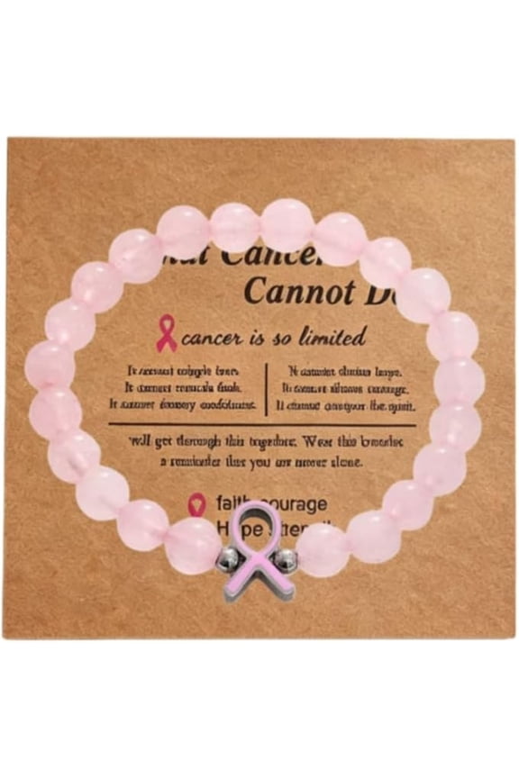 Pink Ribbon Breast Cancer Awareness Natural Stone Beaded Stretch Bracelet for Women Encouragement Gift with Message Card Hope Ribbon