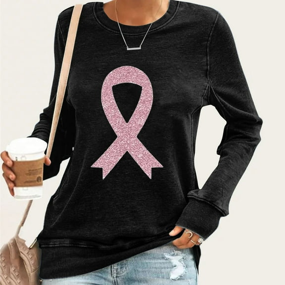 Pink Ribbon Breast Cancer Awareness Shirts for Women Causal Ribbon Print Graphic Tees Long Sleeve Crewneck Sweatshirt Black S